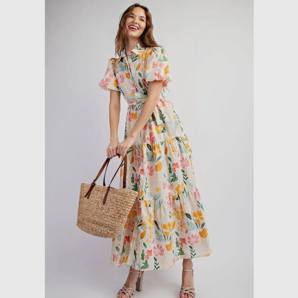 Floral Maxi Dress in Cream and Pink